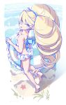  1girl :d absurdres bangs bare_arms bare_legs bare_shoulders barefoot bikini blonde_hair blue_ribbon breasts brown_eyes collarbone drill_hair frilled_innertube hair_between_eyes hair_ribbon highres huanxiang_huifeng innertube long_hair looking_at_viewer looking_back luna_platz_(mega_man) mega_man_(series) mega_man_star_force ribbon small_breasts smile soles solo swimsuit twin_drills very_long_hair walking water white_bikini 