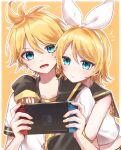  1boy 1girl bangs black_sailor_collar black_sleeves blonde_hair blue_eyes border bow bow_hairband brother_and_sister closed_mouth collarbone collared_shirt detached_sleeves hair_between_eyes hair_bow hairband highres holding hug hug_from_behind kagamine_len kagamine_rin midriff necktie nintendo_switch open_mouth orange_background outline sailor_collar sailor_shirt shiny shiny_hair shirt short_hair siblings soramame_pikuto vocaloid white_border white_bow white_hairband white_shirt yellow_necktie 