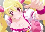  1girl blonde_hair breasts choker cleavage closed_mouth collarbone cure_peach earrings fresh_precure! fuchi_(nightmare) gradient gradient_background grey_background hair_between_eyes hair_ornament heart heart_earrings heart_hair_ornament jewelry large_breasts long_hair looking_at_viewer magical_girl momozono_love pink_choker pink_eyes precure puffy_short_sleeves puffy_sleeves short_sleeves smile solo twintails 