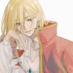  1boy bangs blonde_hair blouse blue_eyes coat commentary crystal_earrings earrings hair_between_eyes highres howl_(howl_no_ugoku_shiro) howl_no_ugoku_shiro jewelry long_sleeves looking_at_viewer medium_hair necklace nnshigk_03 parted_lips red_coat shirt smile solo twitter_username white_background white_shirt 