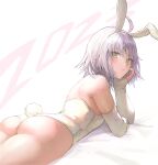  1girl ahoge animal_ears ass bangs bare_shoulders blush breasts detached_sleeves fake_animal_ears fate/grand_order fate_(series) grey_hair hand_on_own_cheek hand_on_own_face head_rest highres jeanne_d&#039;arc_alter_(avenger)_(fate) jeanne_d&#039;arc_alter_(fate) large_breasts leotard looking_at_viewer looking_back otsukemono playboy_bunny rabbit_ears rabbit_tail short_hair solo tail white_leotard white_sleeves yellow_eyes 