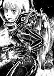  1girl absurdres bangs breasts controller from_side gloves greyscale highres jetpack joystick looking_at_viewer medium_breasts monochrome nakanishi_kent original science_fiction short_hair smile solo space_helmet spacesuit thrusters v-shaped_eyebrows 