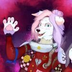  anthro asquishybean bright_colors canid canine canis card clothed clothing digital_media_(artwork) digital_painting_(artwork) domestic_dog female fur hair looking_at_viewer mammal open_mouth pirate portrait simple_background smile solo space_pirate spacesuit tarot_card 