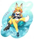  anthro bikini canid canine clothing drinking_straw female floating fox fur green_eyes hi_res inflatable inner_tube japanese_text kemono mammal one_eye_closed orange_body orange_fur sollyz solo splash swimwear text tropical_drink water 