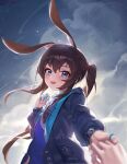  1girl 1other absurdres amiya_(arknights) animal_ear_fluff animal_ears arknights bangs black_jacket blue_eyes breasts brown_hair cloud cloudy_sky commentary_request day hair_between_eyes hand_up highres holding_hands jacket jewelry long_hair long_sleeves looking_at_viewer mo_ying_yu open_clothes open_jacket outdoors ponytail puffy_long_sleeves puffy_sleeves rabbit_ears ring shirt sky small_breasts solo_focus very_long_hair white_shirt 