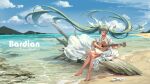  1girl absurdly_long_hair bangs bare_legs barefoot beach blue_sky bow closed_eyes cloud crossed_legs day dress floating_hair full_body green_hair hair_bow hatsune_miku highres instrument long_hair maple_(maplehy) music ocean outdoors playing_instrument sitting sky solo sundress twintails very_long_hair vocaloid white_bow white_dress 