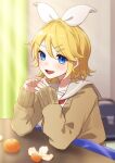  1girl :d bangs blonde_hair blue_eyes blurry blurry_background bow brown_cardigan cardigan food fruit grey_sailor_collar hair_between_eyes hair_bow hair_ornament hairclip highres indoors kagamine_rin kotatsu long_sleeves mandarin_orange open_mouth sailor_collar school_uniform shiny shiny_hair short_hair smile solo soramame_pikuto table under_kotatsu under_table upper_body vocaloid white_bow 