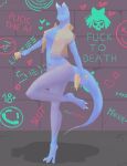  absurd_res alicethedeer anthro blue_body breasts butt clothed clothing digital_media_(artwork) dinosaur female fully_shaded graffiti hi_res nipples pinup pose reptile scalie simple_background smile solo tail text thick_tail thick_thighs 