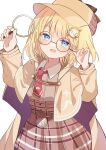  1girl :d absurdres arms_up blonde_hair blue_eyes blush bob_cut brown_capelet brown_coat brown_headwear brown_skirt capelet clock coat collared_shirt commentary deerstalker detective glasses hair_ornament hat high-waist_skirt highres holding holding_eyewear holding_magnifying_glass hololive hololive_english light_blush looking_at_viewer magnifying_glass monocle monocle_hair_ornament necktie open_mouth plaid plaid_skirt pocket_watch red_necktie round_eyewear shirt short_hair short_necktie simple_background skirt smile solo translated virtual_youtuber watch watson_amelia white_background white_shirt yomiya_yumeha 