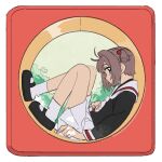  1girl black_footwear brown_hair cardcaptor_sakura female_child green_eyes highres kinomoto_sakura nnn-ollll sailor_collar school_uniform serafuku socks solo tomoeda_elementary_school_uniform tree white_sailor_collar white_socks 