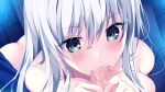  1girl ass bangs blue_eyes blush censored collarbone fellatio game_cg hair_between_eyes homestay_a_la_mode long_hair mosaic_censoring natasha_ignatiev nude oral penis solo_focus straight_hair tai_(nazutai) white_hair 