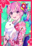 1girl animal bangs blue_hair blue_nails blue_ribbon blunt_bangs blush border colored_inner_hair egasumi floral_print flower green_background hair_flower hair_ornament hair_ribbon highres holding holding_animal hololive japanese_clothes kanzashi kikkoumon kimono long_hair looking_at_viewer minato_aqua multicolored_hair open_mouth pink_kimono print_kimono purple_hair rabbit red_border red_flower ribbon side_ponytail sidelocks smile solo streaked_hair teeth unripe upper_body upper_teeth_only uroko_(pattern) virtual_youtuber wide_sleeves 