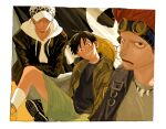  3boys alternate_costume black_hair eustass_captain_kid facial_hair fur_hat goggles goggles_on_head grin hat head_tilt highres hood hoodie jacket light_frown looking_at_viewer male_focus monkey_d._luffy multiple_boys napp one_piece open_clothes open_jacket red_hair red_lips shoes short_hair shorts smile straw_hat trafalgar_law 