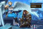  absurd_res armor blue_body blue_skin brown_hair clothed clothing detailed_background duo eyes_closed feathered_wings feathers female gameplay_mechanics hair hellbibi hi_res hidden_eyes human kneeling kyrian male mammal not_furry sequence text wings 