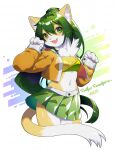  anthro bottomwear clothing domestic_cat energetic felid feline felis female fur green_eyes green_hair hair halter_top happy hi_res jacket kemono mammal miniskirt orange_body orange_fur pleated_skirt skirt smile sollyz solo teenager topwear young 