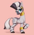  2023 absurd_res aquaticvibes black_hooves cutie_mark digital_media_(artwork) dock ear_piercing ear_ring ear_tuft equid equine eyelashes female feral friendship_is_magic gold_(metal) grey_body grey_hair grey_stripes grey_tail hair hasbro hi_res hooves jewelry mammal mohawk multicolored_hair my_little_pony necklace piercing pink_background ring_piercing simple_background smile solo striped_body stripes tuft two_tone_hair two_tone_tail zebra zecora_(mlp) 
