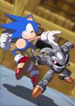  1990s_(style) 1boy animal_nose banel_springer black_eyes blurry blurry_background clenched_hand clenched_teeth commentary dutch_angle english_commentary fighting full_body furry furry_male gloves highres looking_at_another metal_sonic profile red_footwear retro_artstyle robot shadow shoes sonic_(series) sonic_the_hedgehog sonic_the_hedgehog_(classic) sonic_the_hedgehog_2 teeth v-shaped_eyes white_gloves 