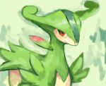  closed_mouth english_commentary green_background green_theme no_humans pokemon pokemon_(creature) red_eyes sailorclef smile solo virizion 