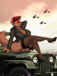  2022 aircraft airplane anthro army big_breasts big_butt bite biting_lip biting_own_lip black_high_heels black_nose blush breasts brown_body brown_fur brown_hair butt canid canine canis cleavage clothed clothing crossed_legs dog_tags domestic_dog dracojeff female fur garter_straps green_clothing green_eyes green_topwear hair hand_behind_head jeep legwear mammal nipple_outline one_eye_closed pumps self_bite sitting sitting_on_car smile solo stockings thick_thighs topwear 