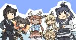  5girls :o ;) animal_ears animal_print antlers arm_at_side axis_deer_(kemono_friends) bangs bear_ears bike_shorts black_hair black_shirt blonde_hair blue_shirt bow bowtie braid braided_ponytail brown_eyes brown_hair chibi closed_mouth collared_shirt crested_porcupine_(kemono_friends) dark-skinned_female dark_skin deer_antlers deer_ears elbow_gloves extra_ears frilled_lizard_(kemono_friends) gloves grey_hair hand_on_hip hands_on_hips horizontal_pupils japanese_black_bear_(kemono_friends) kemono_friends layered_sleeves long_hair long_sleeves looking_up low_twintails multicolored_hair multiple_girls necktie ocelot_(kemono_friends) ocelot_print one_eye_closed orange_eyes pants pants_under_skirt pantyhose parted_lips porcupine_ears print_gloves print_skirt print_thighhighs shirt shirt_under_shirt short_over_long_sleeves short_sleeves shorts single_braid skirt sleeveless sleeveless_shirt smile spikes srd_(srdsrd01) standing sweater_vest tail thighhighs tsurime twintails v-shaped_eyebrows very_long_hair white_shirt wing_collar zettai_ryouiki 