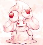  alcremie alcremie_(strawberry_sweet) closed_mouth english_commentary food fruit full_body looking_at_viewer no_humans pokemon pokemon_(creature) red_eyes sailorclef smile solo strawberry twitter_username 