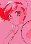  1girl armpits breasts cleavage collarbone dirty_pair from_side hair_behind_ear headband highres kei_(dirty_pair) light_smile looking_at_viewer medium_breasts monochrome pink_background pink_theme portrait red_eyes red_hair sketch smile snow_(snowsnow211) solo 
