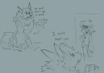  absurd_res after_transformation anthro canid canine canis duo english_text eyewear female feral fur glasses hair hi_res human humanoid male mammal open_mouth sawyer_(wint3rmoonshine) shocked simple_background sketch text unknown_artist were werecanid werecanine werewolf wolf 