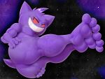  ambiguous_gender anthro butt feet generation_1_pokemon gengar gobanire looking_at_viewer nintendo paws pokemon pokemon_(species) red_sclera simple_background smile solo spreading toes 