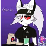  2023 anthro bag beverage breasts canid canid_demon clothing collar demon dialogue fast_food female food grey_eyes hat headgear headwear hellhound helluva_boss loona_(helluva_boss) mammal red_sclera shirt solo taco_bell topwear tray 