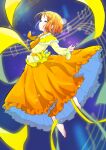  1girl absurdres amesafu choker closed_eyes commentary_request cure_muse_(yellow) dress eyelashes gradient gradient_background henshin highres magical_girl orange_dress orange_hair precure shirabe_ako short_hair solo suite_precure transformation yellow_choker 