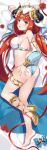  1girl :o absurdres aqua_eyes bangs bare_shoulders barefoot bed_sheet blue_nails blue_panties blunt_bangs blush breasts crop_top dakimakura_(medium) detached_sleeves fake_horns full_body genshin_impact gladiator_sandals gold_choker gold_trim hand_on_own_ass highres horns long_hair long_sleeves looking_at_viewer low_twintails lying medium_breasts mikan_(user_negv3532) nilou_(genshin_impact) on_side open_mouth panties puffy_long_sleeves puffy_sleeves red_hair sandals sideboob sidelocks solo thighlet twintails underwear veil very_long_hair white_headwear 