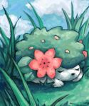  blue_sky closed_eyes cloud day english_commentary flower grass hedgehog leaf no_humans no_mouth outdoors pink_flower pokemon pokemon_(creature) sailorclef shadow shaymin shaymin_(land) sky sleeping solo 