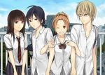  2girls 3u azuki_miho bad_id bad_pixiv_id bakuman black_hair blonde_hair blue_eyes bow bowtie brown_eyes brown_hair cityscape glasses grin lineup long_hair looking_at_viewer mashiro_moritaka miyoshi_kaya multiple_boys multiple_girls necktie one_eye_closed school_uniform skirt smile takagi_akito v 