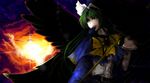  bad_id bad_pixiv_id belt black_wings capelet cloud collie dress green_eyes green_hair hat long_hair looking_away mima ribbon sky smile solo staff sun touhou touhou_(pc-98) twilight wings wizard_hat 