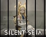  1girl absurdres animal animal_ear_fluff animal_ears animal_on_arm bird blonde_hair blue_archive brown_eyes chair closed_mouth commentary detached_sleeves dokomon dress english_commentary english_text forehead halo highres indoors long_hair long_sleeves mattress on_chair pantyhose parted_bangs prison prison_cell puffy_long_sleeves puffy_sleeves seia_(blue_archive) silent_hill_(series) silent_hill_1 sleeveless sleeveless_dress sleeves_past_fingers sleeves_past_wrists solo striped_clothes striped_pantyhose tail vertical-striped_clothes vertical-striped_pantyhose very_long_hair white_dress white_pantyhose white_sleeves 