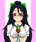  bespectacled black_hair blush bow def_(defect) glasses green_bow hair_bow highres long_hair red_eyes reiuji_utsuho solo touhou 