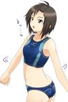  aasara ass brown_eyes brown_hair idolmaster idolmaster_(classic) idolmaster_2 kikuchi_makoto midriff mizuno short_hair simple_background solo sports_bikini sports_bra sportswear twisted_torso white_background 