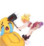  1boy 1girl absurdres ass blonde_hair blush breasts crying_emoji emoji hammer highres hitting jumping meme miniskirt no_panties original panties pink_panties short_hair simple_background skirt small_breasts twintails_(mantids) underwear unworn_panties uohhhhhhhhh!_(meme) upskirt white_background 