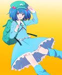  50yen :d backpack bad_id bad_pixiv_id bag blue_eyes blue_hair boots hair_bobbles hair_ornament hat kawashiro_nitori key open_mouth salute short_hair smile solo touhou twintails two_side_up 