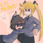  &gt;_o 2girls absurdres anger_vein bad_id bad_twitter_id black_ribbon black_skirt blonde_hair blue_eyes brown_eyes brown_hair commentary commission copyright_name cowboy_shot english_commentary giving_up_the_ghost grey_jacket hair_ribbon highres holding holding_knife hug iesonatana inactive_account jacket kill_me_baby knife ko-fi_commission long_hair long_sleeves looking_at_another miniskirt multiple_girls one_eye_closed open_mouth oribe_yasuna pink_background pleated_skirt ribbon school_uniform short_hair simple_background skirt smile sonya_(kill_me_baby) standing twintails very_long_hair 