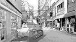  cannon caterpillar_tracks city fiat_l6/40 greyscale ground_vehicle l6/40 military military_vehicle monochrome motor_vehicle no_humans original real_world_location scenery tank tank_focus tokyo_(city) 