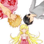  2boys araragi_koyomi bakemonogatari black_hair blonde_hair closed_eyes dress long_hair lying monogatari_(series) multiple_boys oshino_meme oshino_shinobu sleeping strap_slip towako 