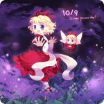  blonde_hair blue_eyes bow bubble_skirt dress flower hair_bow juuno_(nekoda) lily_of_the_valley medicine_melancholy outstretched_arms purple_background skirt solo su-san touhou 