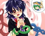  asymmetrical_wings bad_id bad_pixiv_id black_hair blush chagen_kokimu dress food green_hair hat houjuu_nue multiple_girls red_eyes shiki_eiki short_hair shrimp shrimp_tempura snake tears tempura touhou wings 