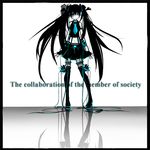  black_hair blue_eyes boots fingerless_gloves gloves hatsune_miku high_heels highres jitome long_hair midriff monochrome necktie reflection shoes skirt solo spot_color suzuya_(appon65122) thigh_boots thighhighs twintails very_long_hair vocaloid 
