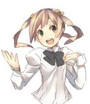  :d bow brown_hair green_eyes hair_bobbles hair_ornament ibarazaki_emi katawa_shoujo looking_back open_mouth school_uniform short_hair simple_background smile solo twintails weee_(raemz) white_background 