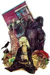  1girl aikawa_(dorohedoro) amputee bird blonde_hair breasts crow dorohedoro eyepatch intravenous_drip maggie_(spaghetti_shoukougun) mask medium_breasts mushroom nikaidou_(dorohedoro) open_clothes open_shirt shirt 