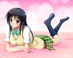  black_hair black_legwear blush brown_eyes kotegawa_yui long_hair lying ok-ray on_stomach open_mouth school_uniform skirt socks solo sweater_vest to_love-ru 