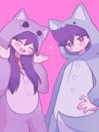  1boy 1girl alternate_costume blush bright_pupils closed_eyes closed_mouth hand_on_own_hip heart hero_(headspace)_(omori) hero_(omori) highres long_hair long_sleeves mari_(headspace)_(omori) mari_(omori) mewowem_omo omori onesie open_mouth pink_background purple_eyes purple_hair short_hair simple_background smile sweatdrop teeth upper_teeth_only white_pupils 