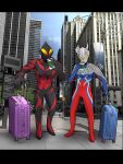  2boys alien black_skin blue_skin city cityscape claws color_timer colored_skin commentary_request cup day disposable_coffee_cup disposable_cup eye_slugger forehead_jewel full_body gem gradient_eyes green_gemstone highres holding holding_cup holding_luggage holding_suitcase lamppost male_focus multicolored_eyes multicolored_skin multiple_boys new_york_city no_pupils orange_eyes outdoors photo_background red_skin road_sign rolling_suitcase shadow sign silver_skin standing suitcase tokusatsu ultra_galaxy_(series) ultra_series ultraman_belial ultraman_zero yaduki_7 yellow_eyes 